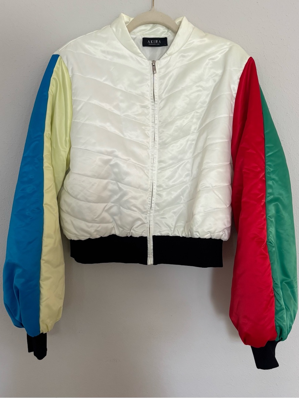 AKIRA Multicolor Colorblock Satin Puffer Bomber Jacket L